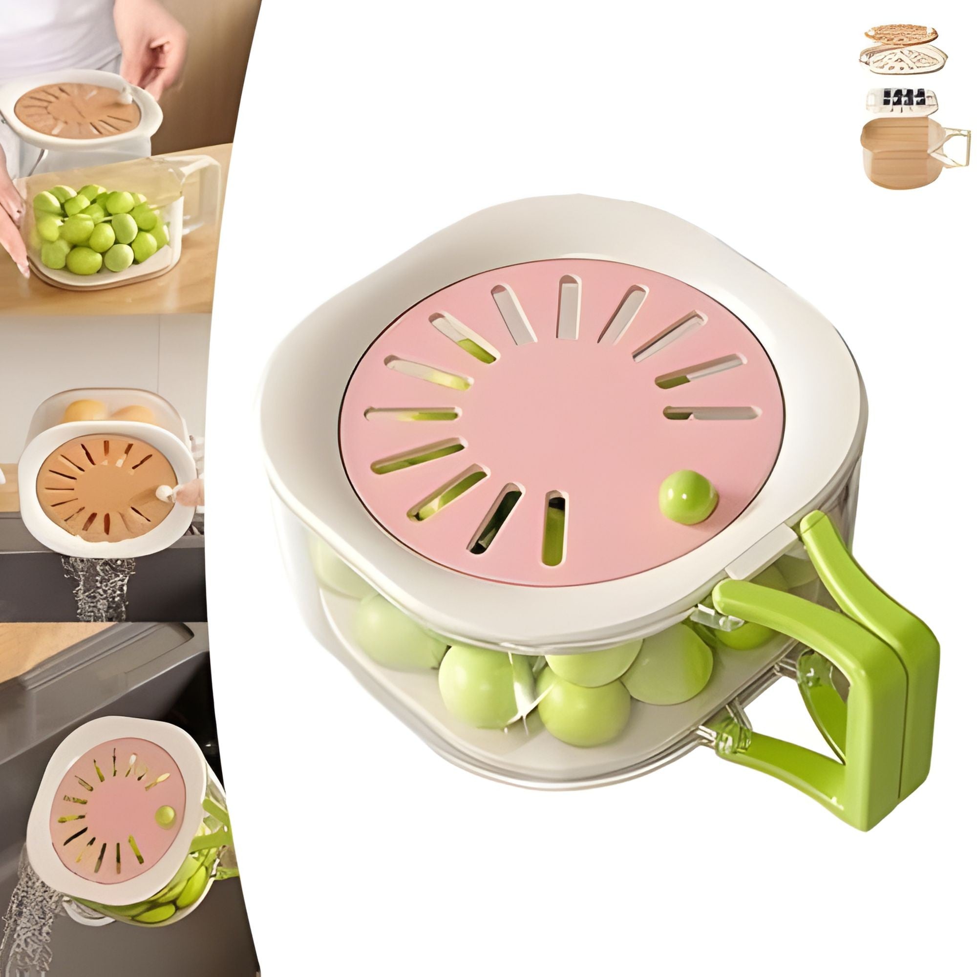 Cos de Scurgere pentru Fructe 2 in 1, din Plastic Durabil, Filtru Telescopic, Scurgator de Fructe si Legume, pentru Uz Casnic, 15 x 15 x 8.5 cm, Roz/Bej