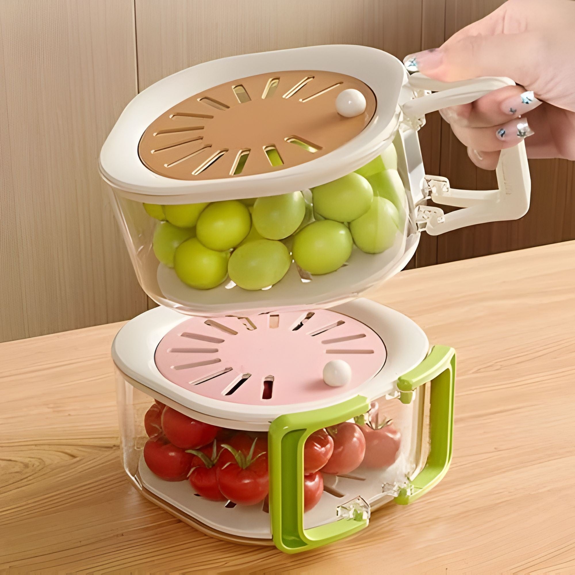 Cos de Scurgere pentru Fructe 2 in 1, din Plastic Durabil, Filtru Telescopic, Scurgator de Fructe si Legume, pentru Uz Casnic, 15 x 15 x 8.5 cm, Roz/Bej