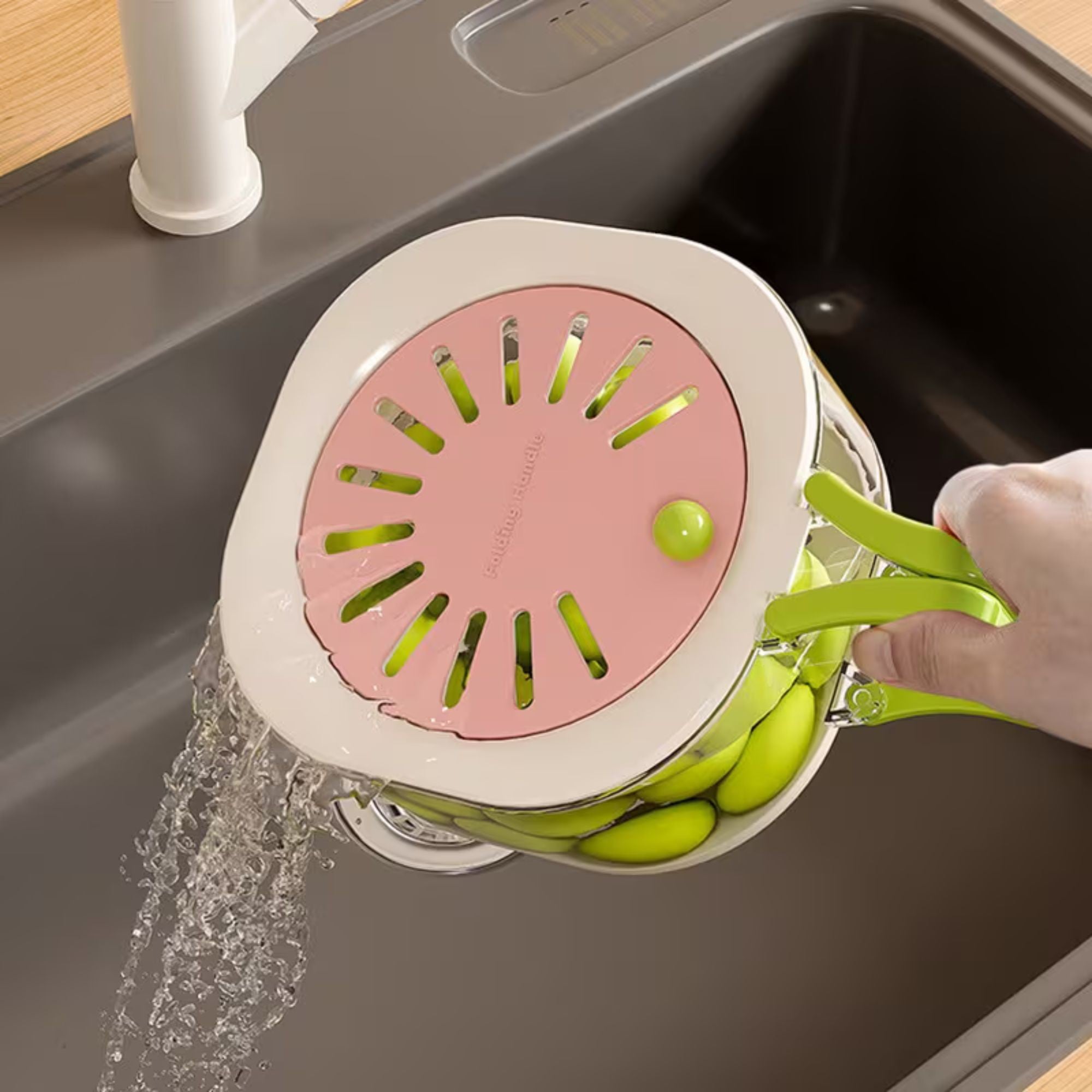 Cos de Scurgere pentru Fructe 2 in 1, din Plastic Durabil, Filtru Telescopic, Scurgator de Fructe si Legume, pentru Uz Casnic, 15 x 15 x 8.5 cm, Roz/Bej