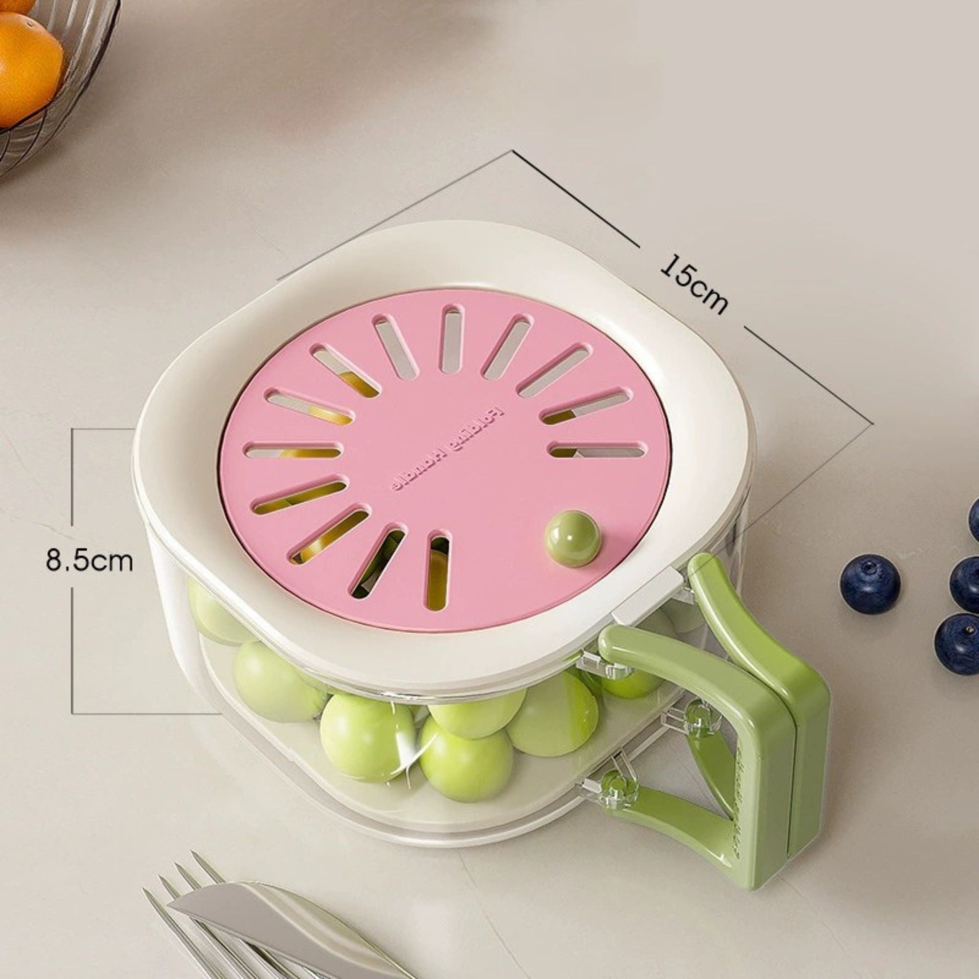 Cos de Scurgere pentru Fructe 2 in 1, din Plastic Durabil, Filtru Telescopic, Scurgator de Fructe si Legume, pentru Uz Casnic, 15 x 15 x 8.5 cm, Roz/Bej