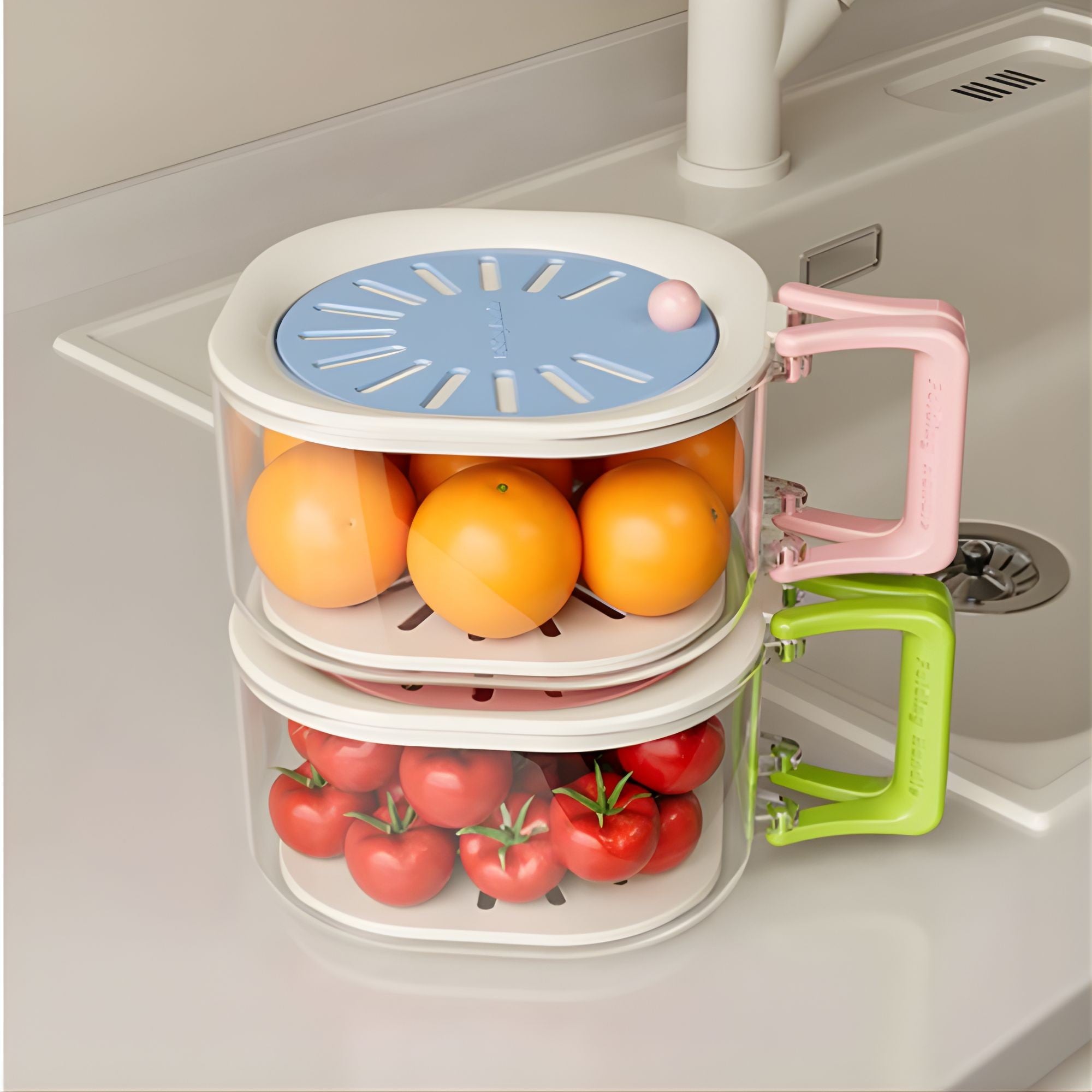 Cos de Scurgere pentru Fructe 2 in 1, din Plastic Durabil, Filtru Telescopic, Scurgator de Fructe si Legume, pentru Uz Casnic, 15 x 15 x 8.5 cm, Albastru/Bej
