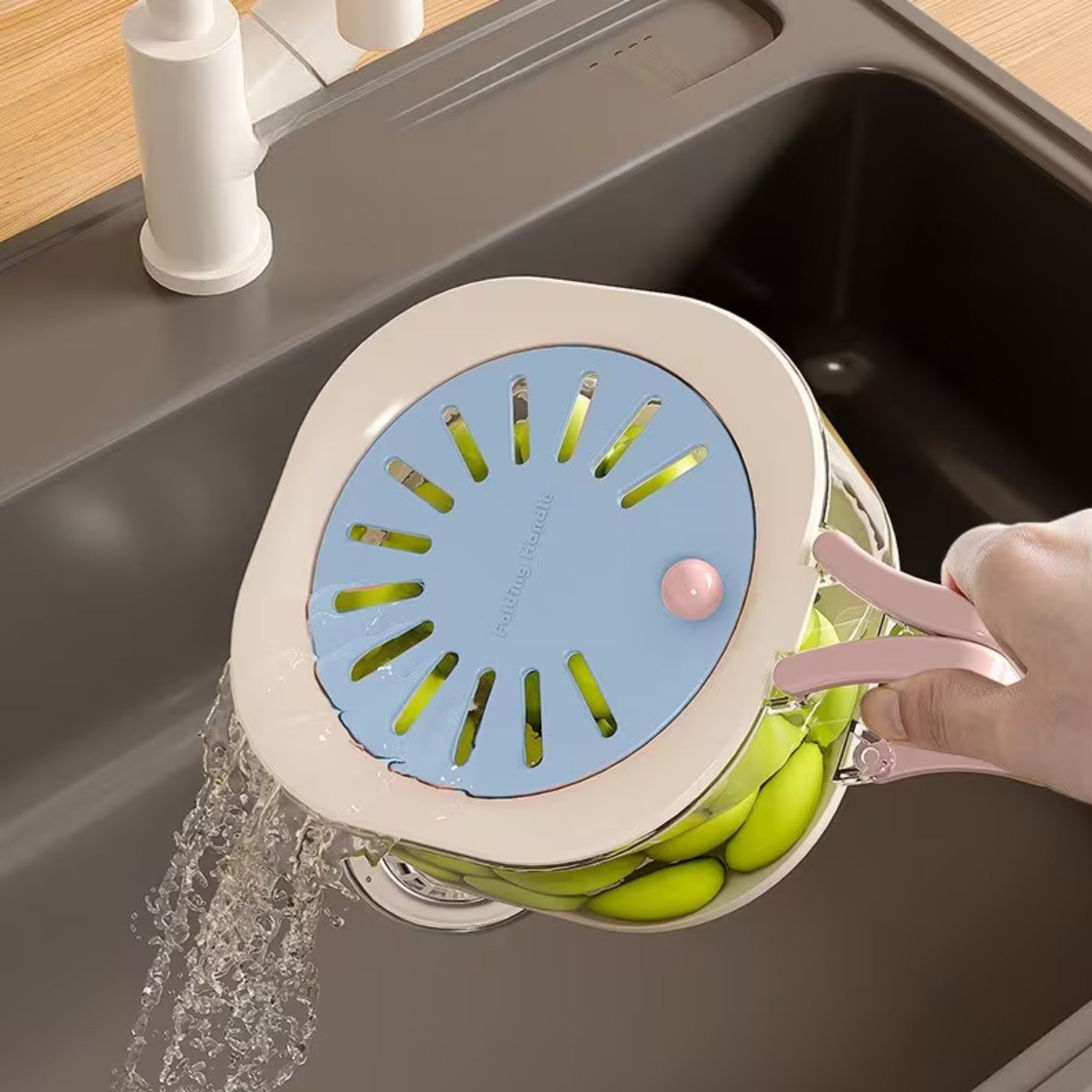 Cos de Scurgere pentru Fructe 2 in 1, din Plastic Durabil, Filtru Telescopic, Scurgator de Fructe si Legume, pentru Uz Casnic, 15 x 15 x 8.5 cm, Albastru/Bej