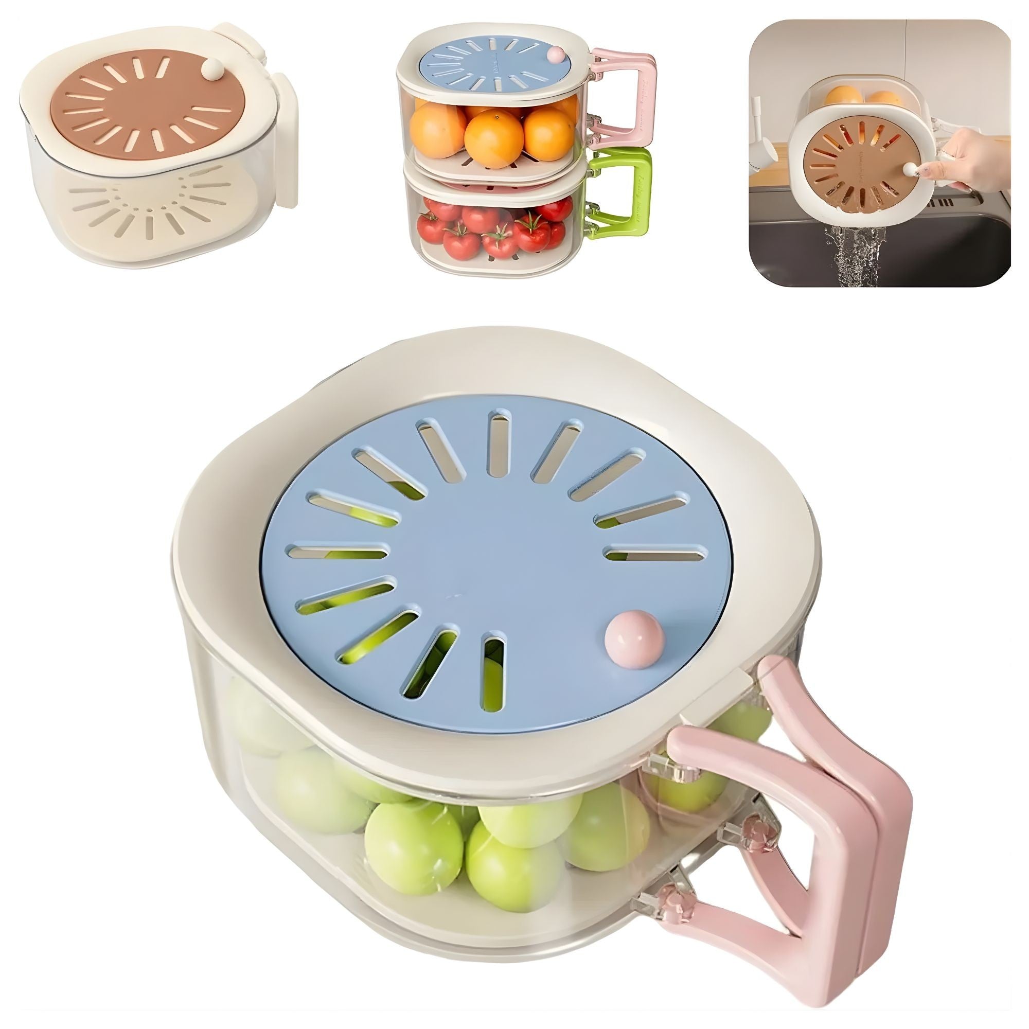Cos de Scurgere pentru Fructe 2 in 1, din Plastic Durabil, Filtru Telescopic, Scurgator de Fructe si Legume, pentru Uz Casnic, 15 x 15 x 8.5 cm, Albastru/Bej