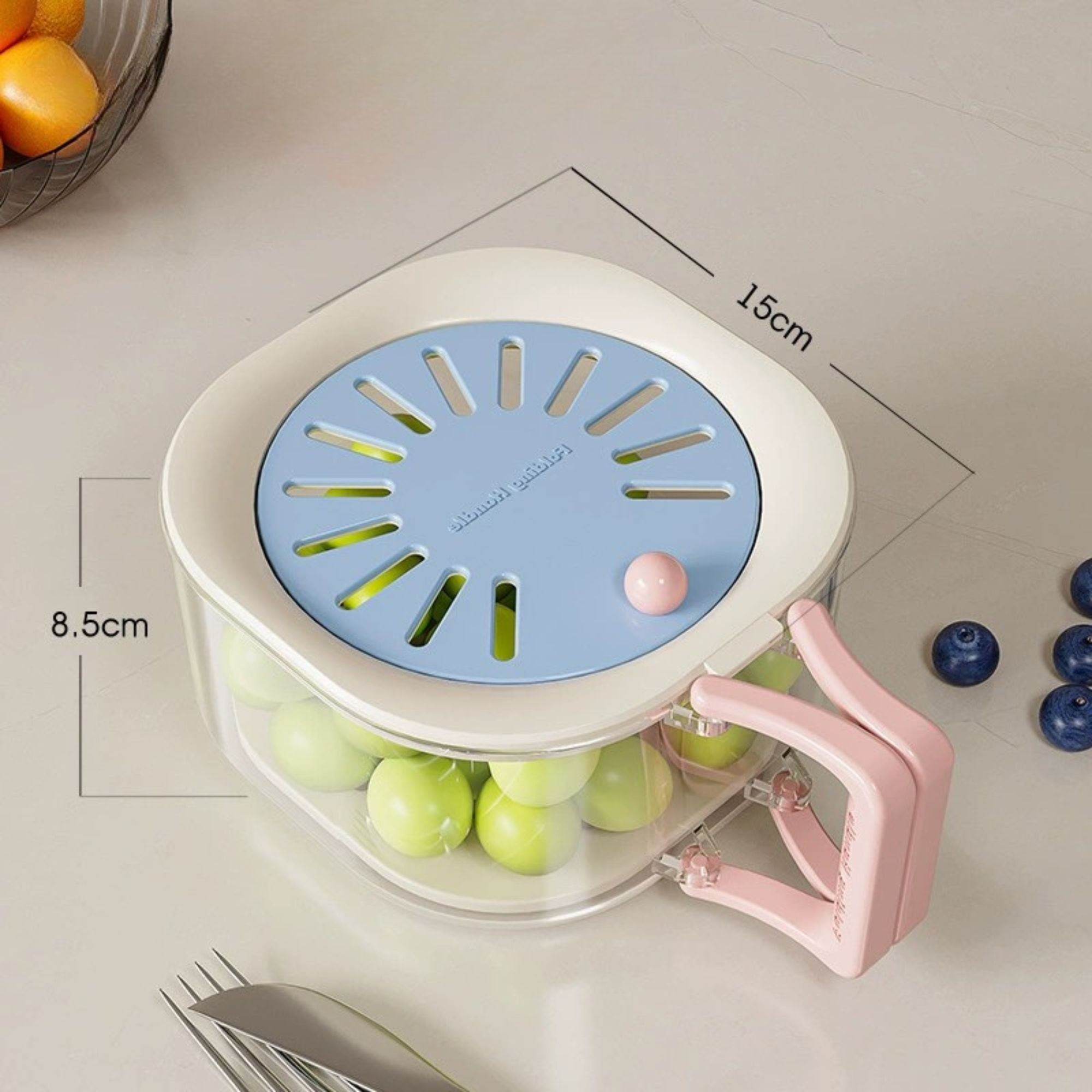 Cos de Scurgere pentru Fructe 2 in 1, din Plastic Durabil, Filtru Telescopic, Scurgator de Fructe si Legume, pentru Uz Casnic, 15 x 15 x 8.5 cm, Albastru/Bej