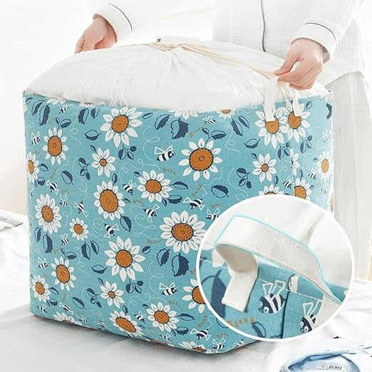 Cos depozitare, Capac cu Snur, 175 L, Confectionat din Bumbac si un Strat Impermeabil, 50 x 50 x 70 cm, Albastru Deschis, Imprimeu Flori