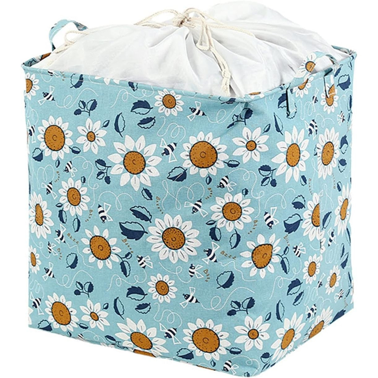 Cos depozitare, Capac cu Snur, 175 L, Confectionat din Bumbac si un Strat Impermeabil, 50 x 50 x 70 cm, Albastru Deschis, Imprimeu Flori