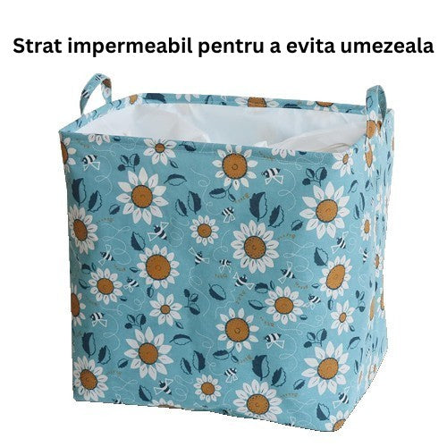 Cos depozitare, Capac cu Snur, 175 L, Confectionat din Bumbac si un Strat Impermeabil, 50 x 50 x 70 cm, Albastru Deschis, Imprimeu Flori