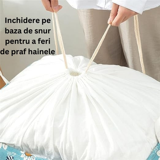 Cos depozitare, Capac cu Snur, 175 L, Confectionat din Bumbac si un Strat Impermeabil, 50 x 50 x 70 cm, Albastru Deschis, Imprimeu Flori