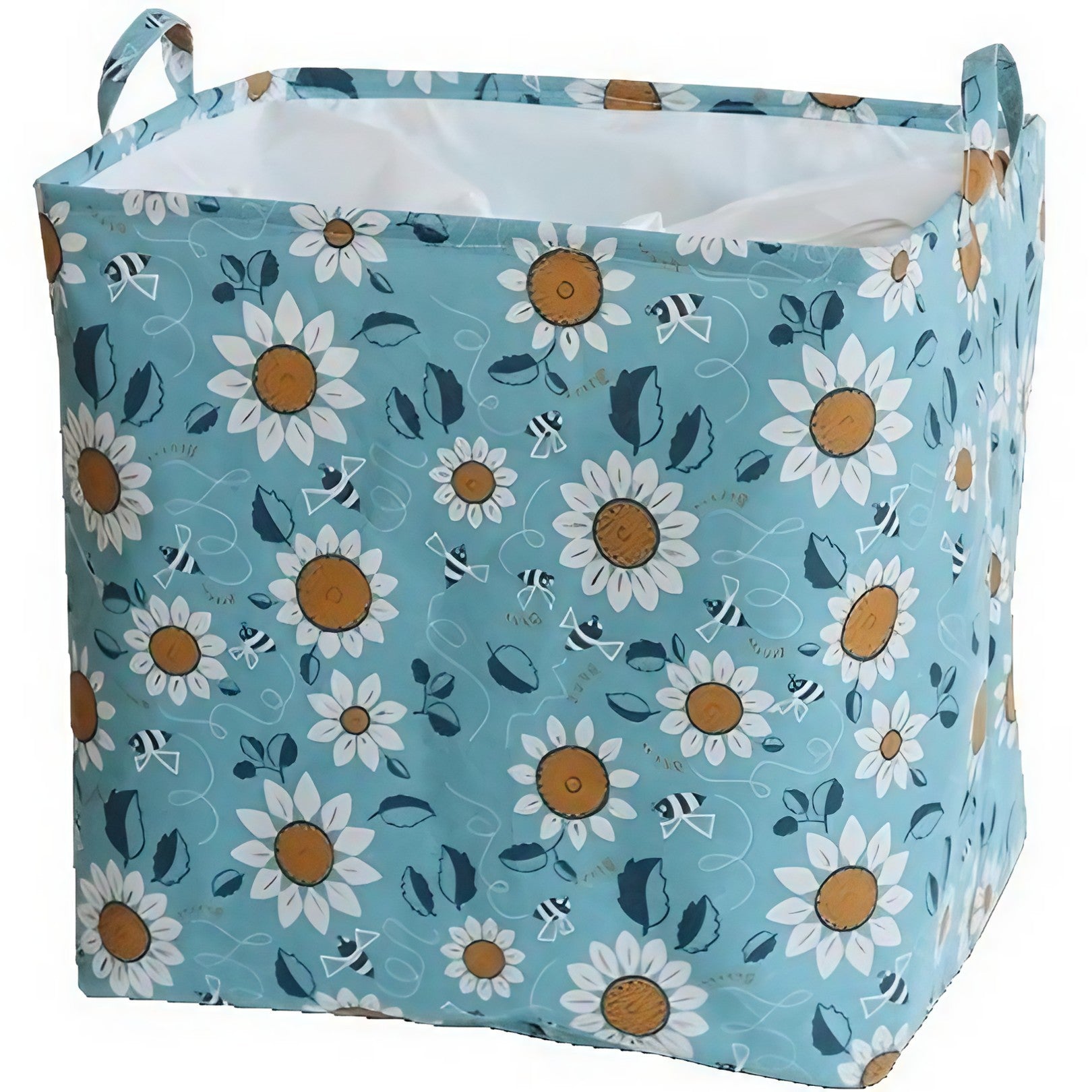 Cos depozitare, Capac cu Snur, 175 L, Confectionat din Bumbac si un Strat Impermeabil, 50 x 50 x 70 cm, Albastru Deschis, Imprimeu Flori