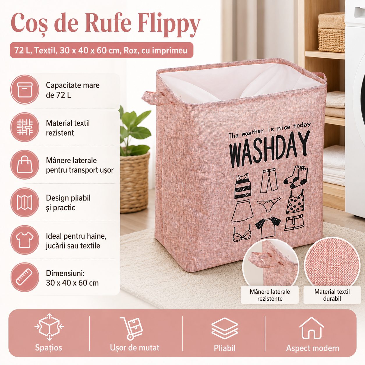 Cos Rufe, 72 L, Textil, 30x40x60 cm, Roz, Cu Imprimeu