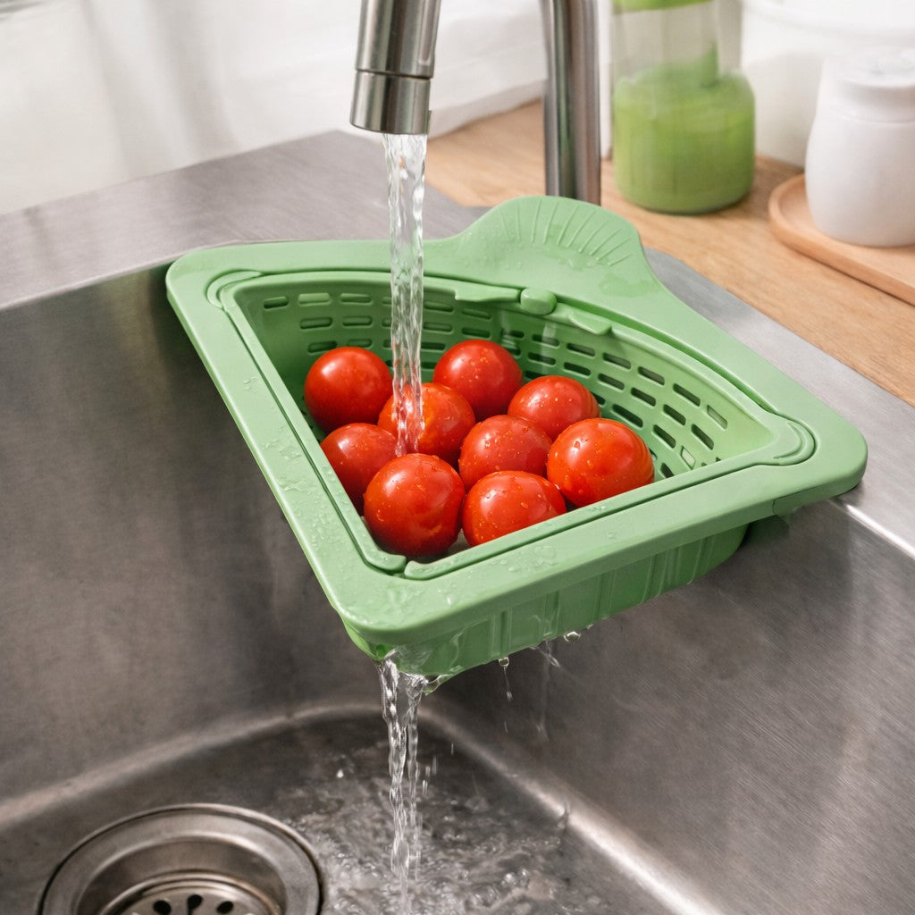 Cos Scurgere Chiuveta, Strecuratoare Triunghiulara pentru Bucatarie, Suport Depozitare, Cos Perforat, Clatire cu Jet de Apa, 23 x 9.5x 6 cm, Verde