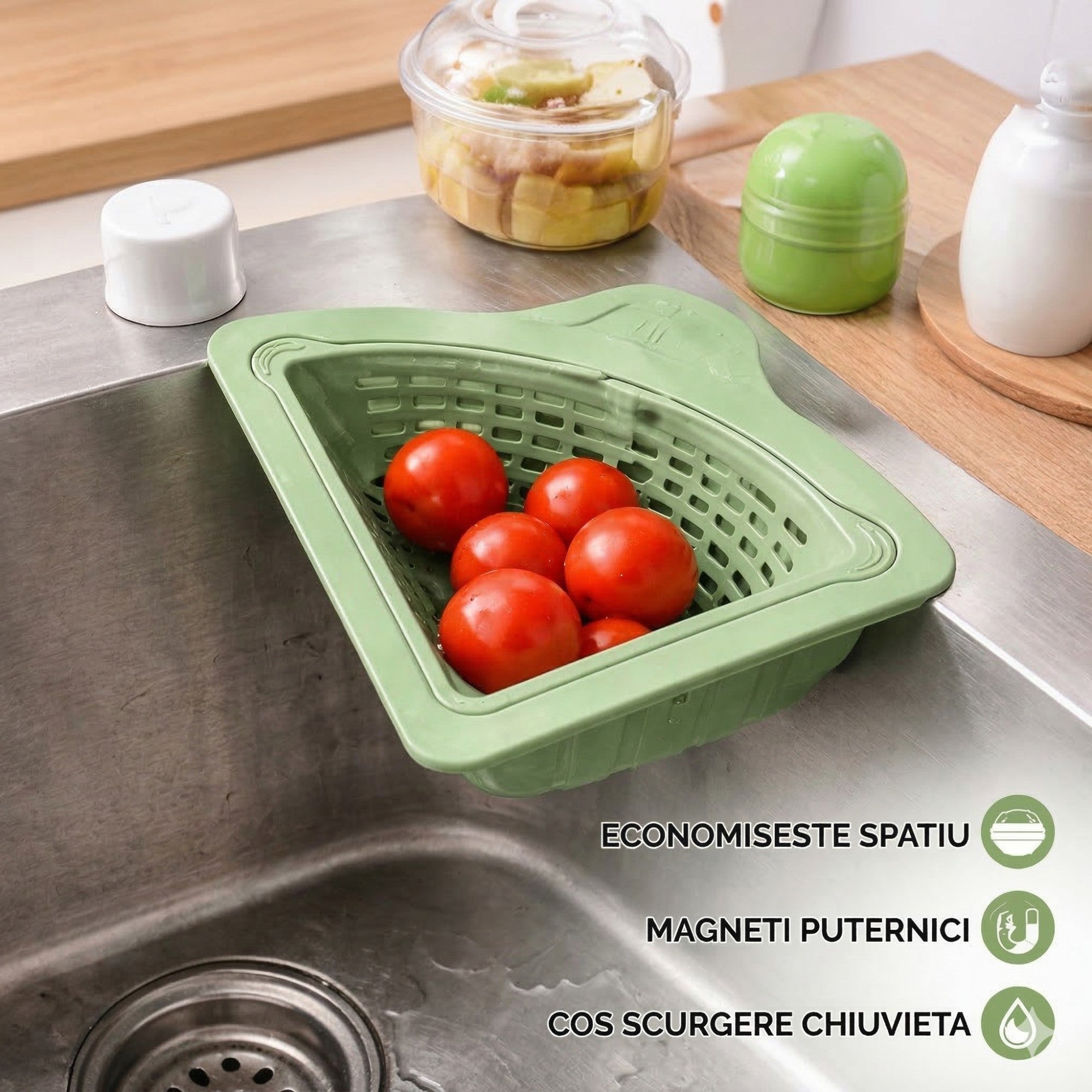 Cos Scurgere Chiuveta, Strecuratoare Triunghiulara pentru Bucatarie, Suport Depozitare, Cos Perforat, Clatire cu Jet de Apa, 23 x 9.5x 6 cm, Verde