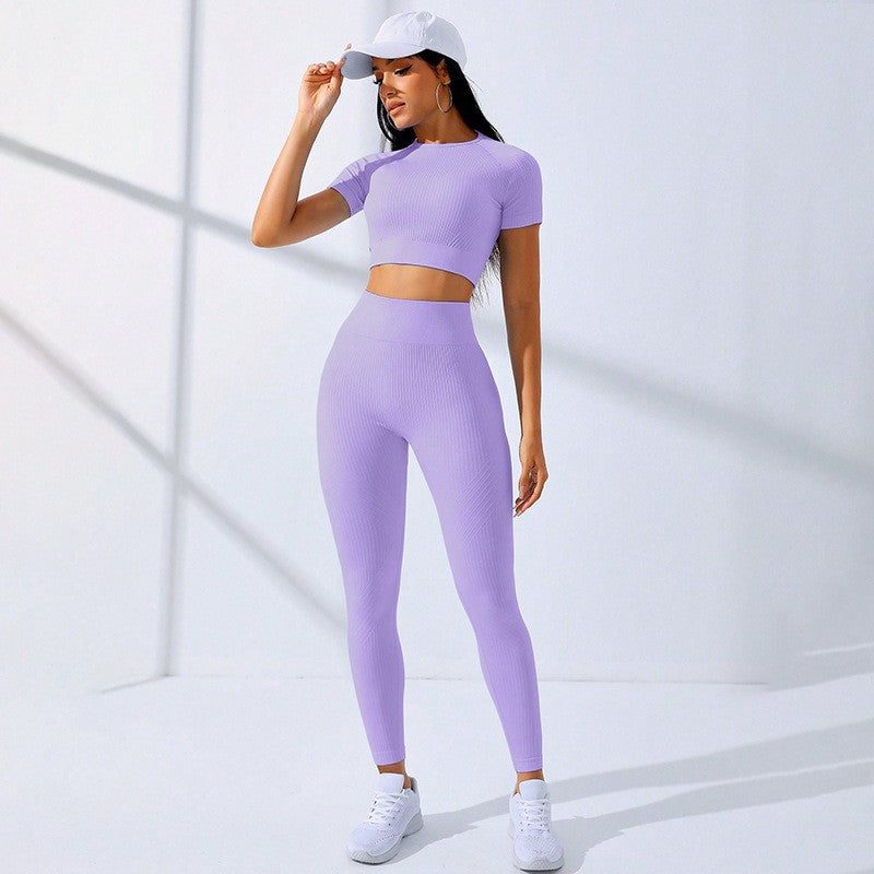 Costum pentru Fitness/Yoga, pentru Femei, Material Elastic, Spandex, Talie Inalta, Mov, Marime L