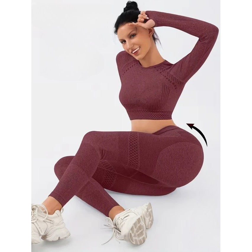 Costum Sport de Dama, Flippy, pentru Yoga, Talie Inalta, Top Scurt, Elastic, Burgundy, Marime L