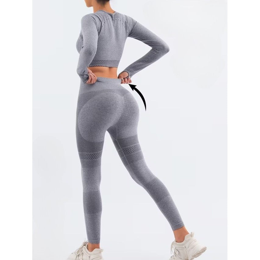 Costum Sport de Dama, pentru Yoga, Talie Inalta, Top Scurt, Elastic, Gri, Marime L