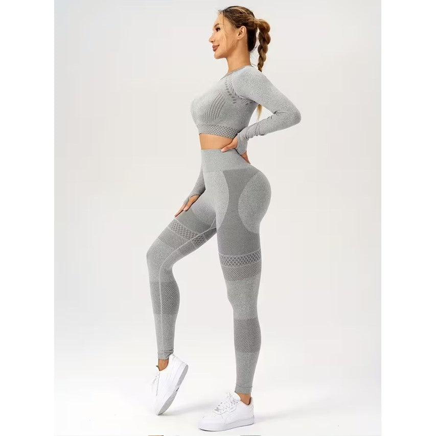 Costum Sport de Dama, pentru Yoga, Talie Inalta, Top Scurt, Elastic, Gri, Marime L