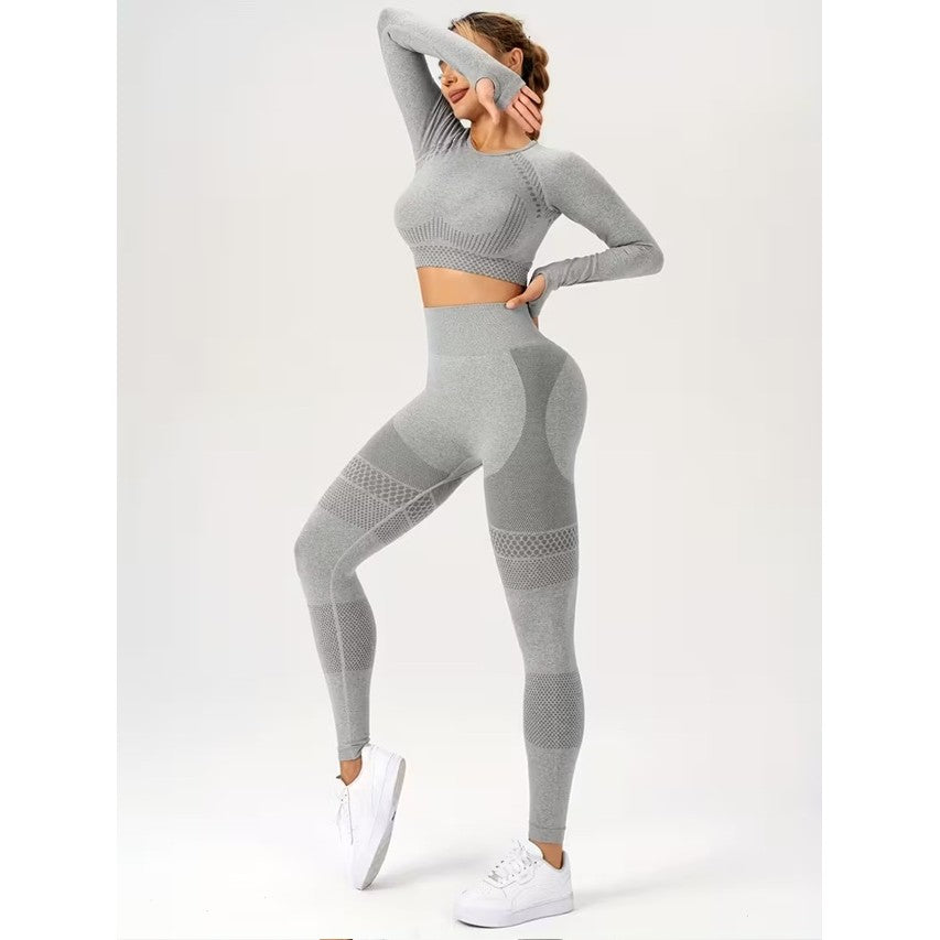 Costum Sport de Dama, pentru Yoga, Talie Inalta, Top Scurt, Elastic, Gri, Marime L