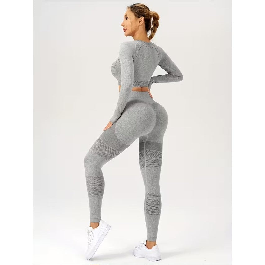 Costum Sport de Dama, pentru Yoga, Talie Inalta, Top Scurt, Elastic, Gri, Marime L