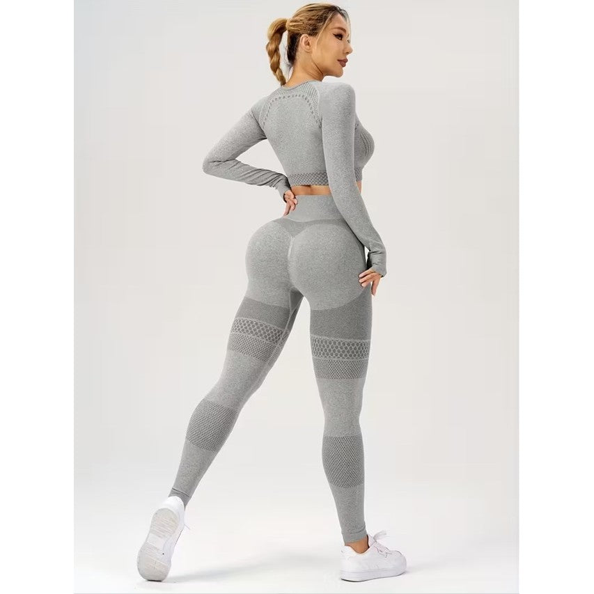 Costum Sport de Dama, pentru Yoga, Talie Inalta, Top Scurt, Elastic, Gri, Marime L