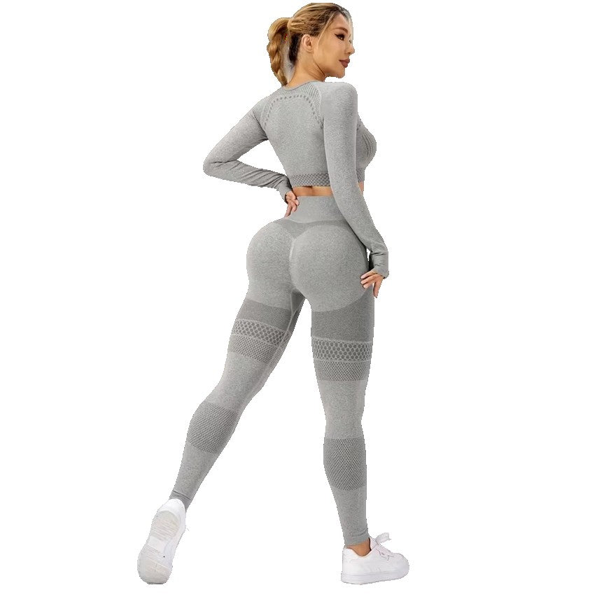 Costum Sport de Dama, pentru Yoga, Talie Inalta, Top Scurt, Elastic, Gri, Marime L