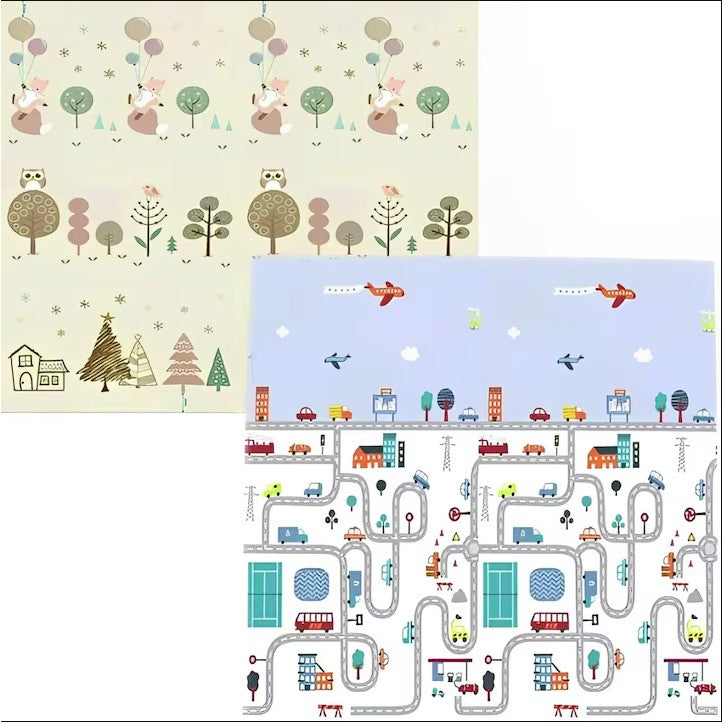 Covoras de Joaca pentru Copii Termic cu 2 Fete, Model Vulpi si Pista de Masini, cu Spuma, Impermeabil, Antiderapant, 200cm x 180cm x 0.8cm