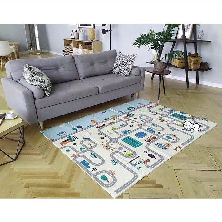 Covoras de Joaca pentru Copii Termic cu 2 Fete, Model Vulpi si Pista de Masini, cu Spuma, Impermeabil, Antiderapant, 200cm x 180cm x 0.8cm