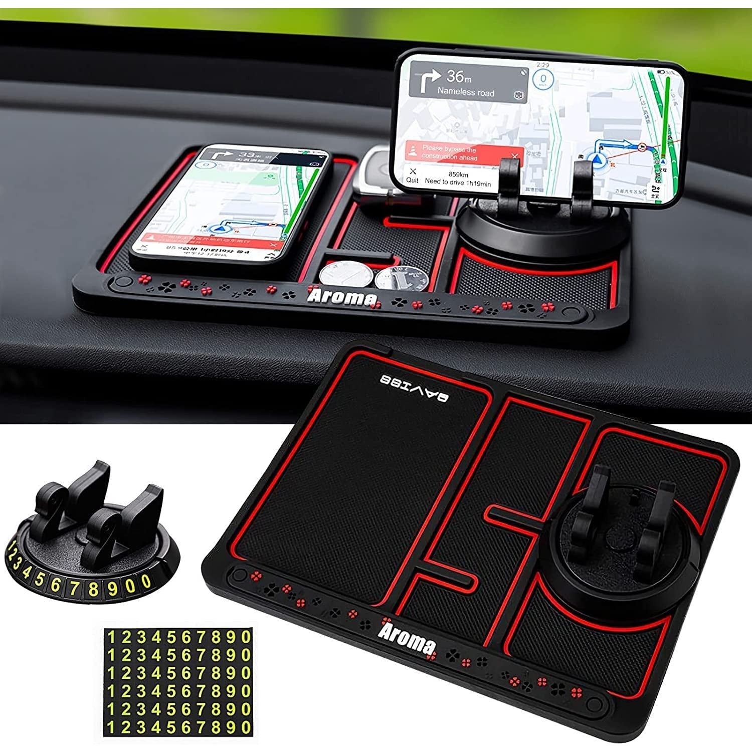 Covoras Pad/Suport Auto 4 in 1, Anti alunecare Bord, Universal, Suport Auto Telefon, Tableta, Gps, Rotire 360 ° Multifuntional, Numar telefon, Aroma, Negru