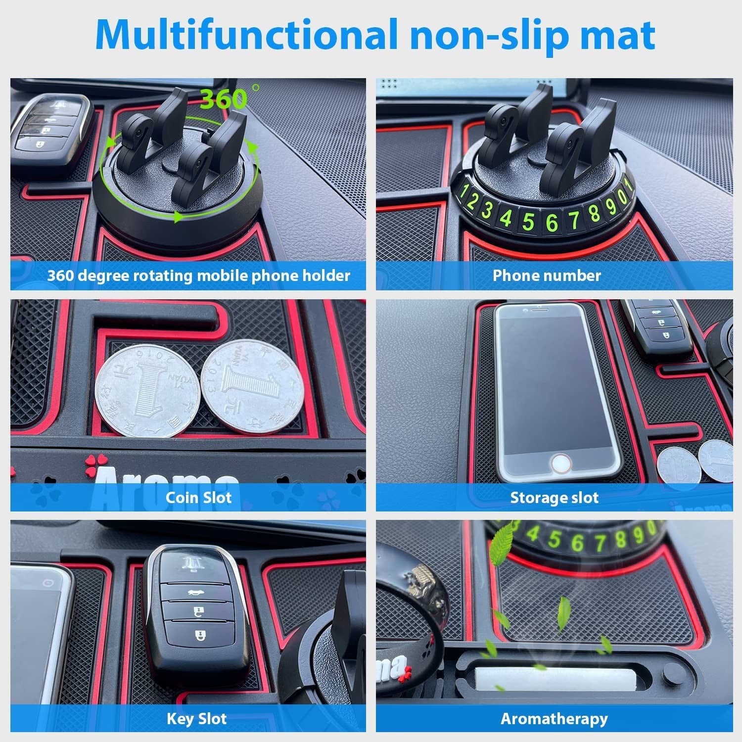 Covoras Pad/Suport Auto 4 in 1, Anti alunecare Bord, Universal, Suport Auto Telefon, Tableta, Gps, Rotire 360 ° Multifuntional, Numar telefon, Aroma, Negru
