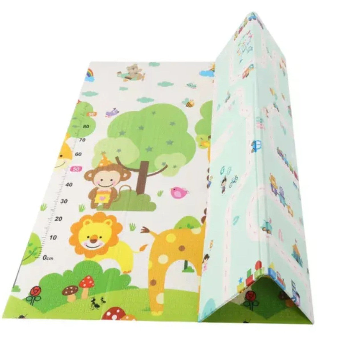 Covoras pentru Copii, cu 2 Fete, Model Drum/Safari, din XPE+PE, Impermeabil, Antiderapant, Protectie Termica, +3 Luni, Pliabil, 150 x 200 x 1 cm, Multicolor