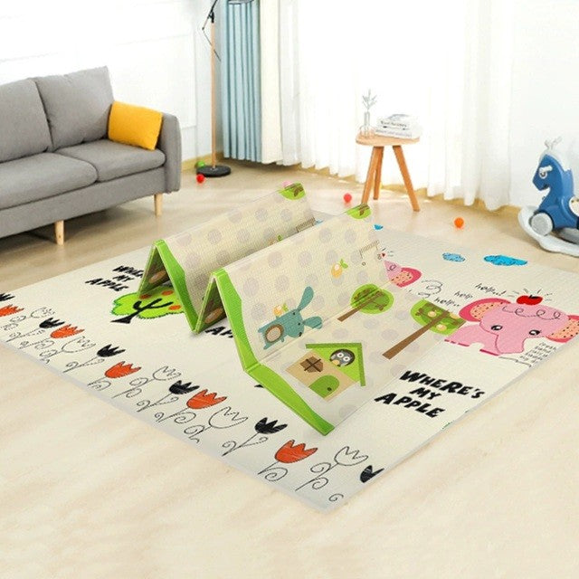 Covoras pentru Copii, Flippy, cu 2 Fete, Model Elefantei/Padure, din XPE+PE, Impermeabil, Antiderapant, Protectie Termica, +3 Luni, Pliabil, 150 x 200 x 1.5 cm, Multicolor