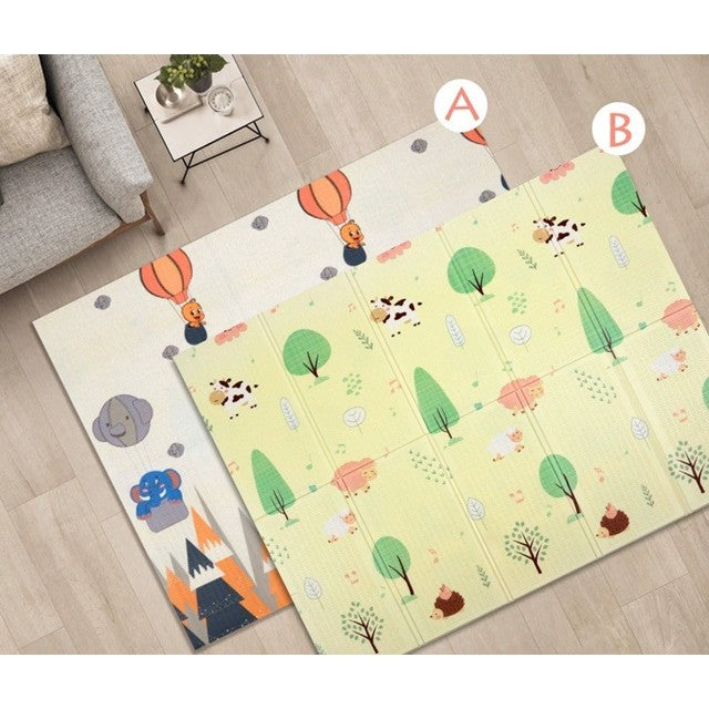Covoras pentru Copii, Flippy, cu 2 Fete, Model Padure/Elefanti, din XPE+PE, Impermeabil, Antiderapant, Protectie Termica, +3 Luni, Pliabil, 150 x 200 x 1.5 cm, Multicolor