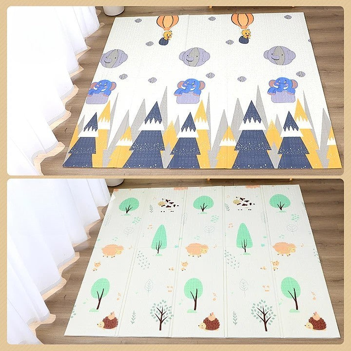 Covoras pentru Copii, Flippy, cu 2 Fete, Model Padure/Elefanti, din XPE+PE, Impermeabil, Antiderapant, Protectie Termica, +3 Luni, Pliabil, 150 x 200 x 1.5 cm, Multicolor