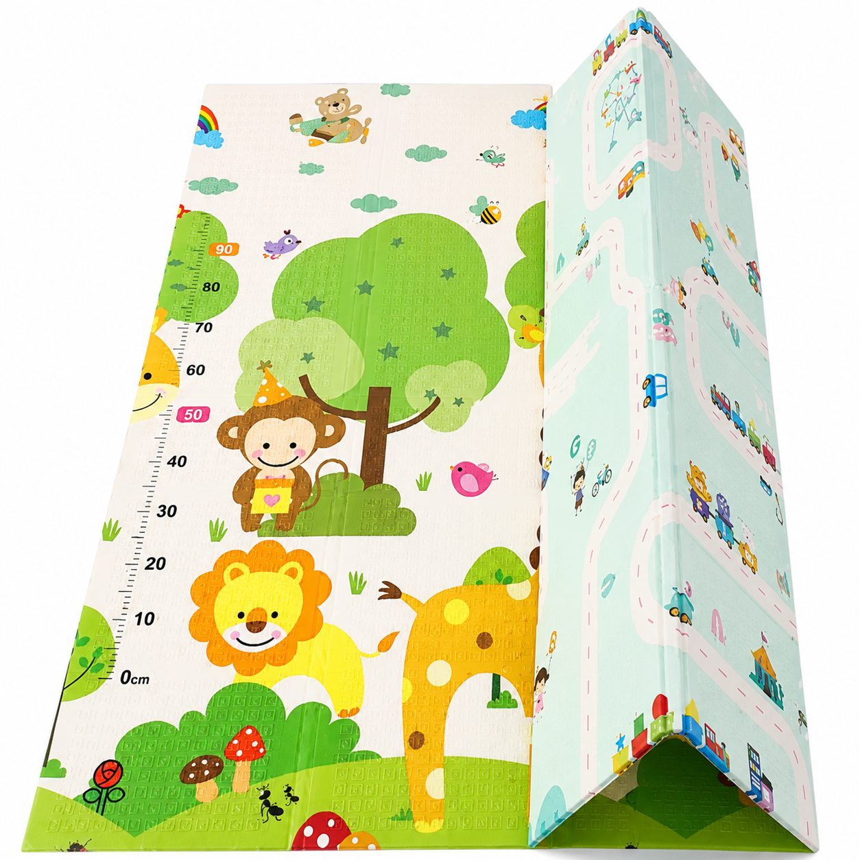 Covoras pentru Copii, cu 2 Fete, Model Safari/Animale, din XPE+PE, Impermeabil, Antiderapant, Protectie Termica, +3 Luni, Pliabil, 150 x 200 x 1 cm, Multicolor