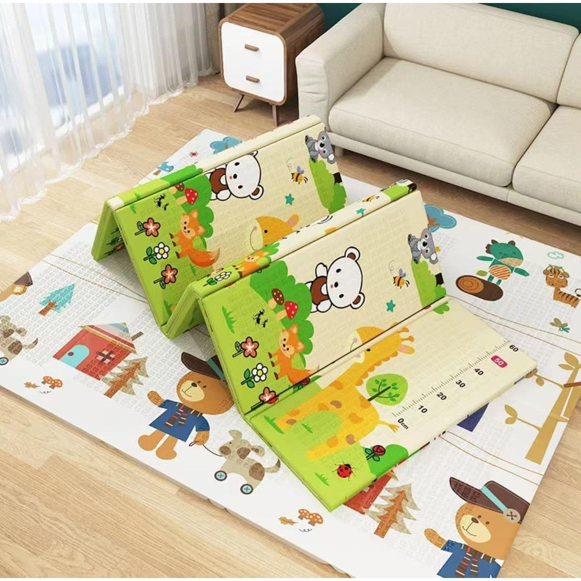 Covoras pentru Copii, Flippy, cu 2 Fete, Model ZOO/Ursulet, din XPE+PE, Impermeabil, Antiderapant, Protectie Termica, +3 Luni, Pliabil, 150 x 200 x 1.5 cm, Multicolor