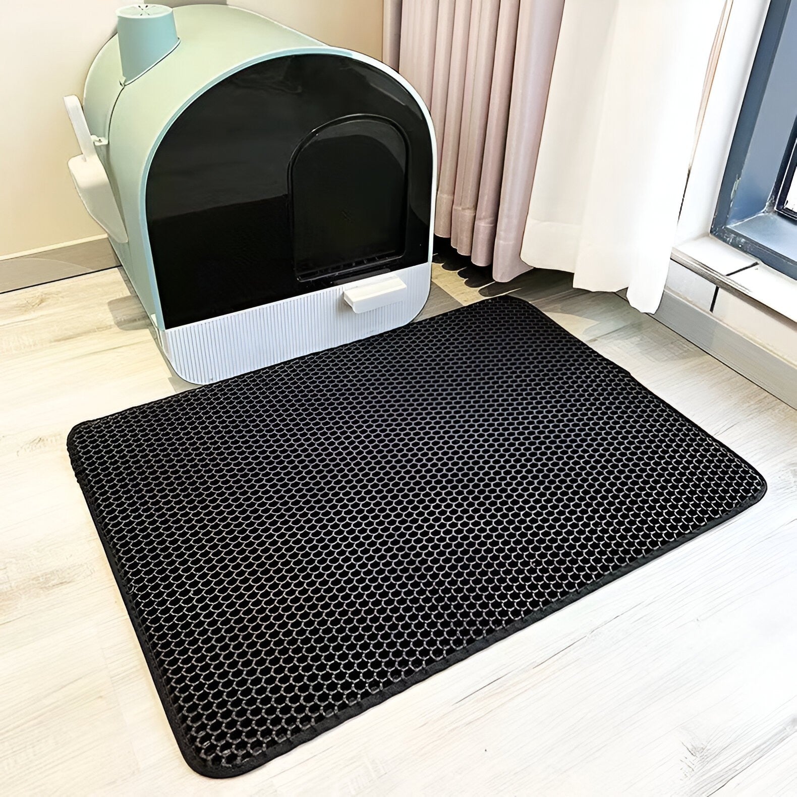 Covoras pentru Litiera, Covor cu Doua Fete pentru Pisici, Rezistent la Apa, Colectare Granule de Nisip, Antiderapant, 40x50 cm, Negru