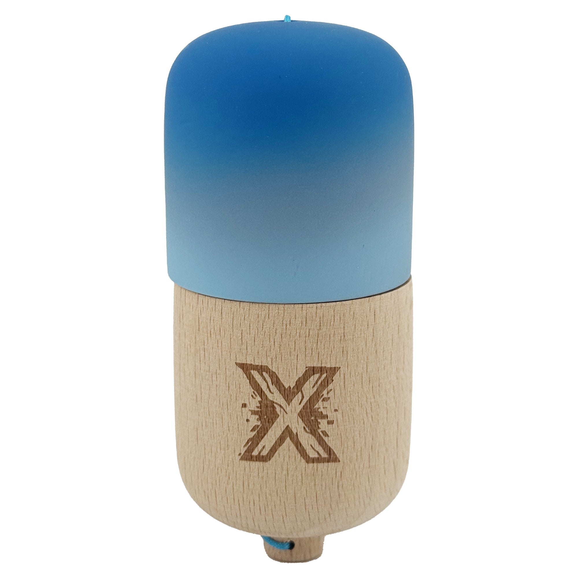 Kendama Pill X Originala, Profesionala Model Rubber Grip Pilula, din Lemn, Varsta 9+, Ata 62/65 cm, 11 x 5 x 5 cm, Gradient Albastru/Albastru deschis