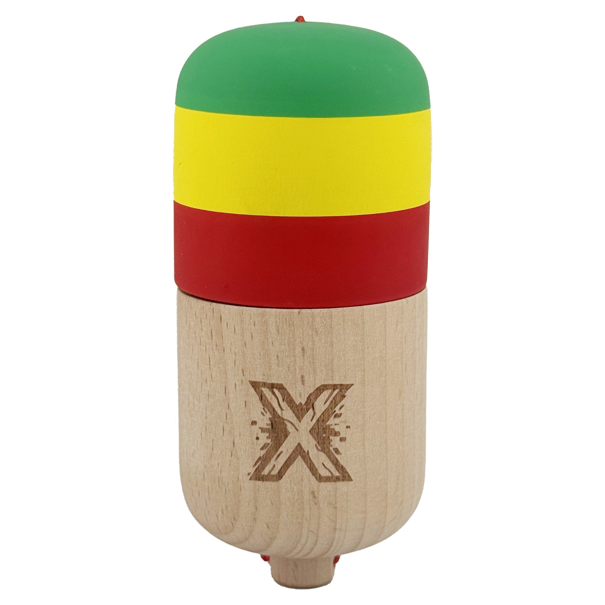 Kendama Pill X Originala, Profesionala Model Rubber Grip Pilula, din Lemn, Varsta 9+, Ata 62/65 cm, 11 x 5 x 5 cm, Verde/Galben/Rosu