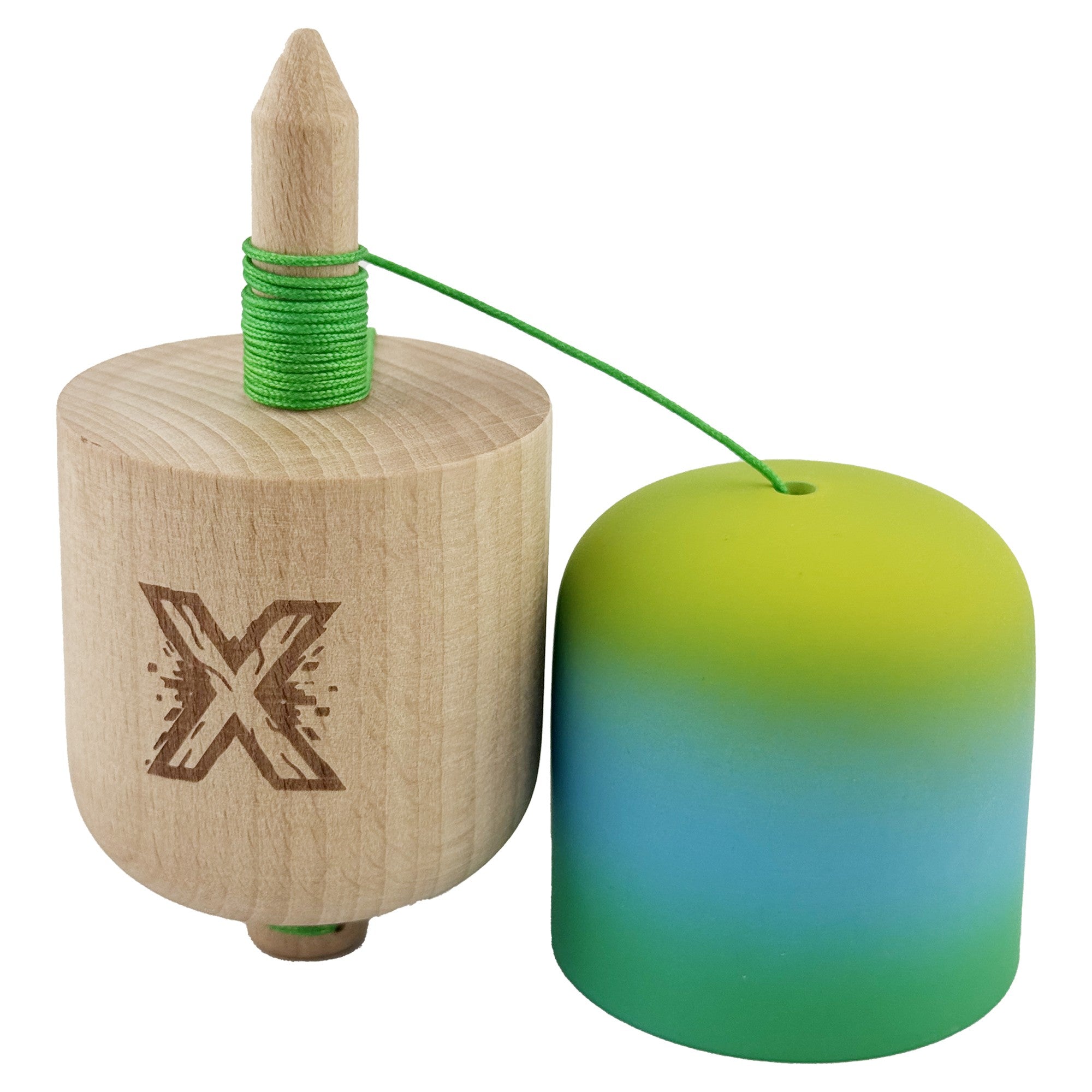 Kendama Pill X Originala, Profesionala Model Rubber Grip Pilula, din Lemn, Varsta 9+, Ata 62/65 cm, 11 x 5 x 5 cm, Gradient Galben/Albastru/Verde