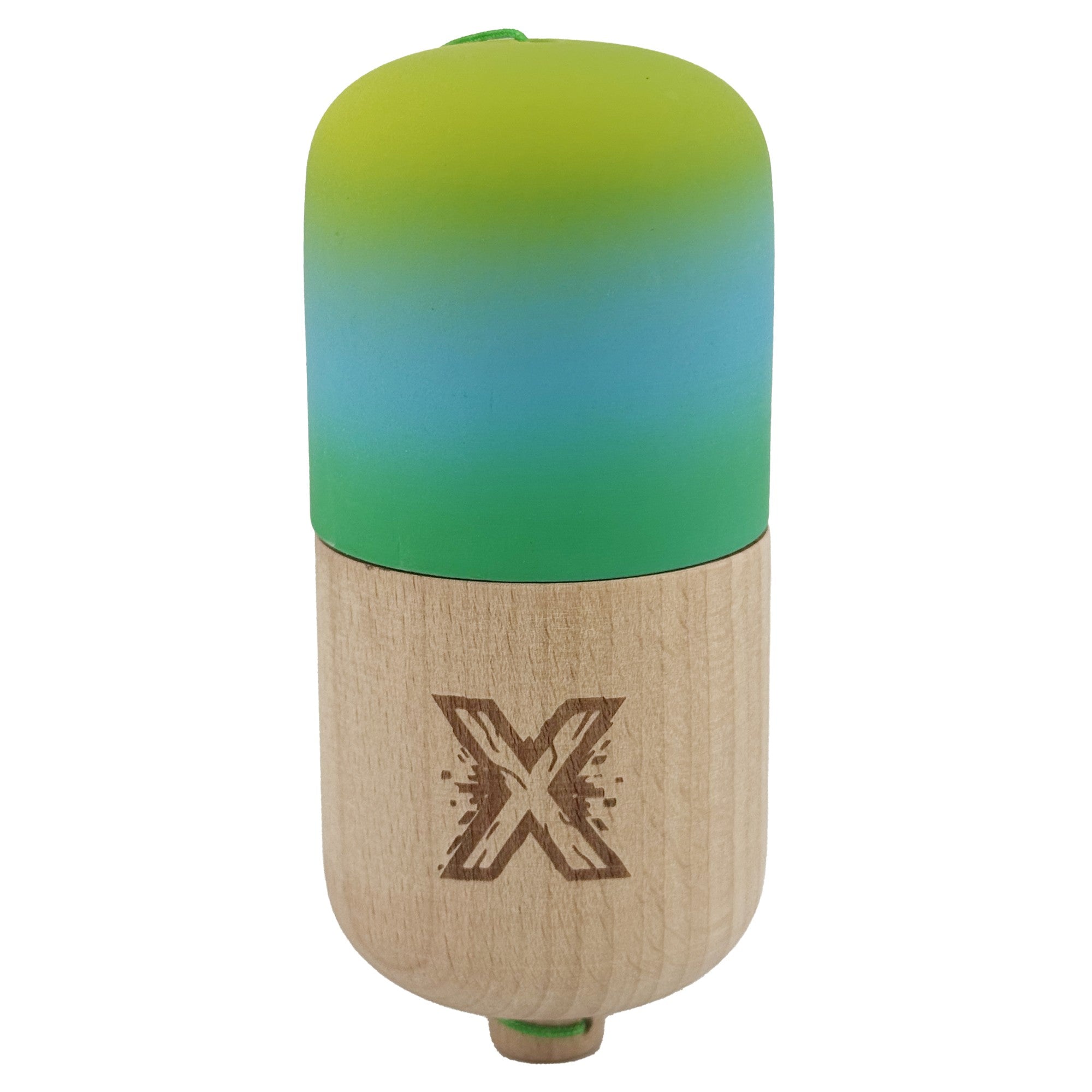 Kendama Pill X Originala, Profesionala Model Rubber Grip Pilula, din Lemn, Varsta 9+, Ata 62/65 cm, 11 x 5 x 5 cm, Gradient Galben/Albastru/Verde