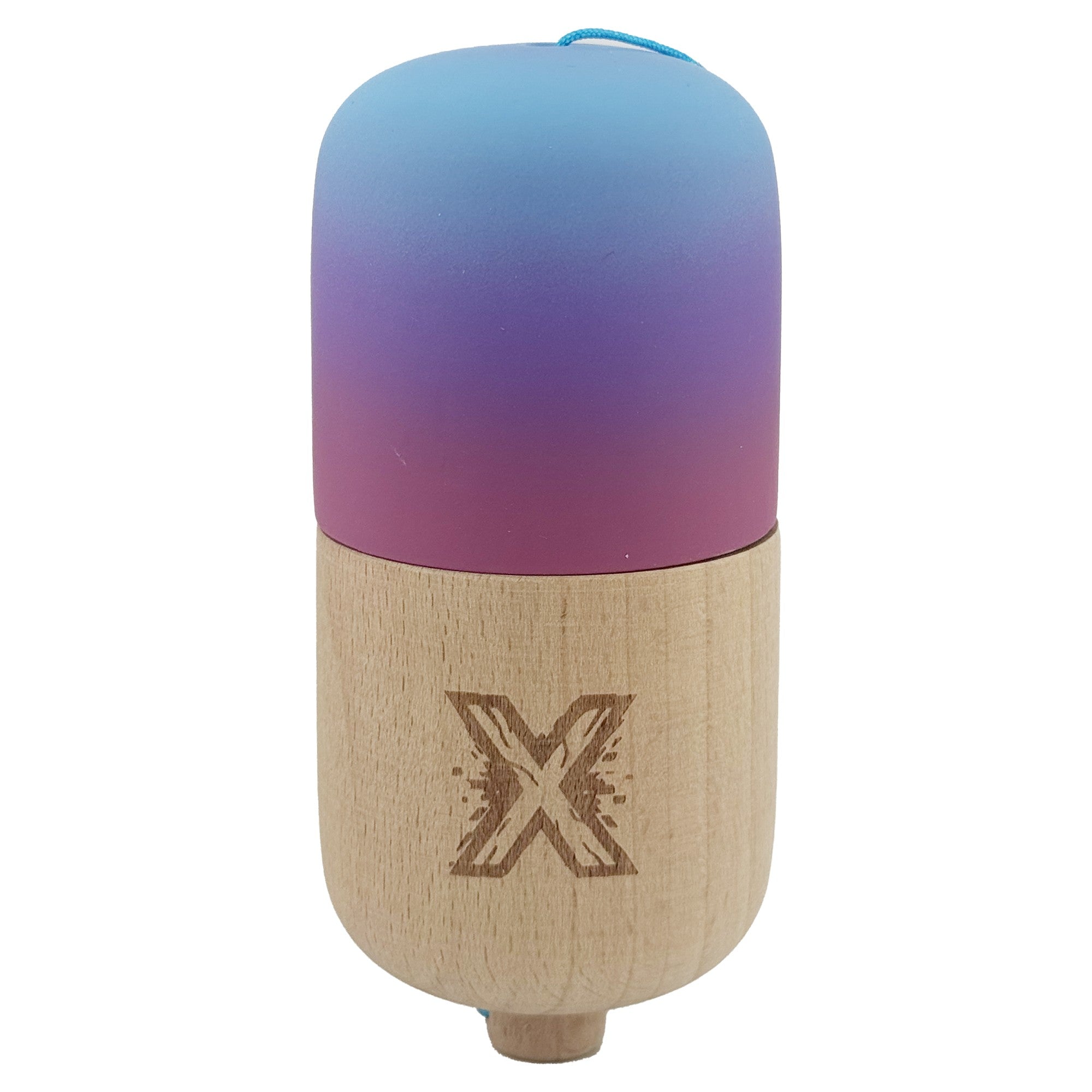Kendama Pill X Originala, Profesionala Model Rubber Grip Pilula, din Lemn, Varsta 9+, Ata 62/65 cm, 11 x 5 x 5 cm, Gradient Albastru deschis/Rosu