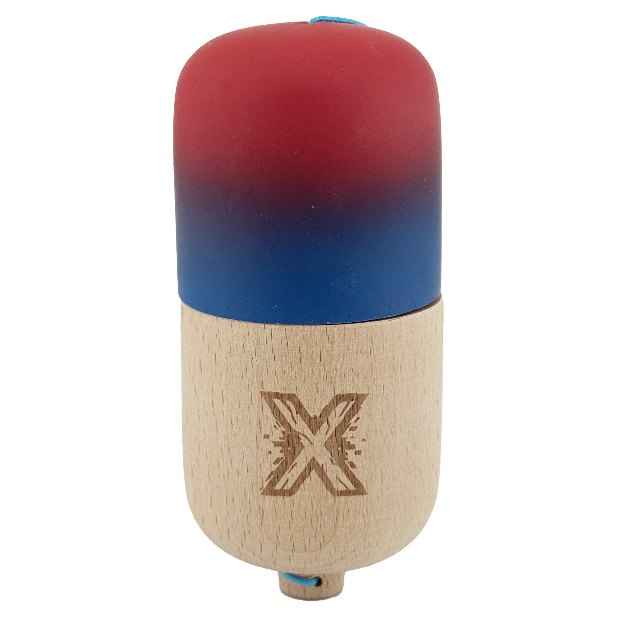 Kendama Pill X Originala, Profesionala Model Rubber Grip Pilula, din Lemn, Varsta 9+, Ata 62/65 cm, 11 x 5 x 5 cm, Gradient Rosu/Albastru