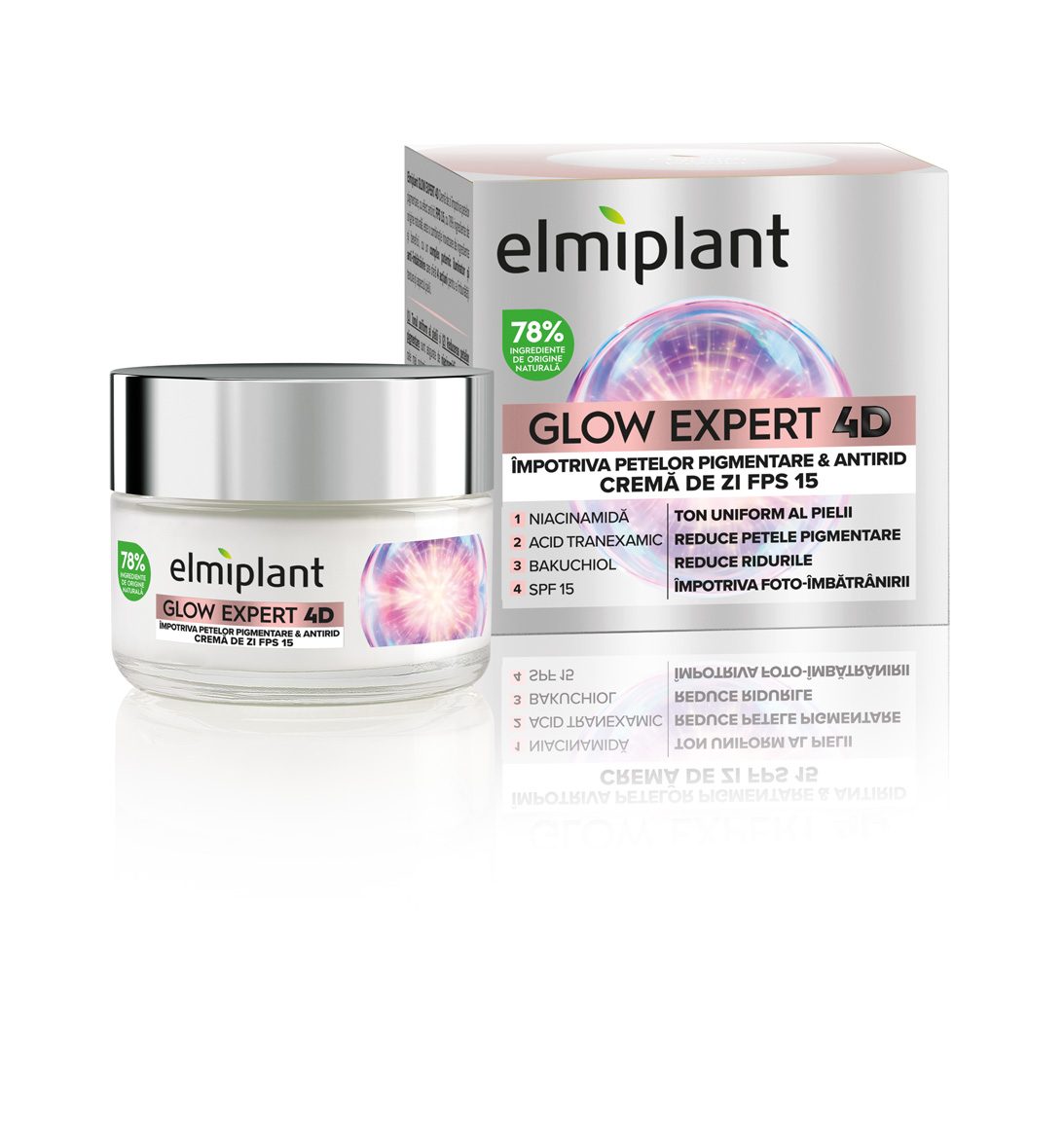 Crema de Zi, Elmiplant, Glow Expert 4D Impotriva Petelor Pigmentare si Antirid, cu Niacinamida si SPF 15, 50 ml