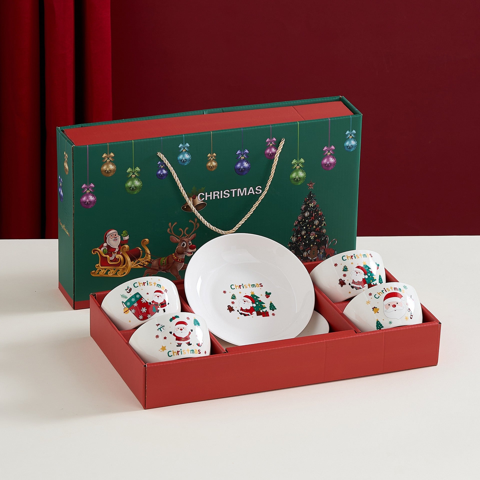 Set Vesela Festiva, Tema Craciun, 4 x Boluri 300 ml, 2 x Farfurii 18 x 3.4 cm, din Ceramica, Model 2, Multicolor