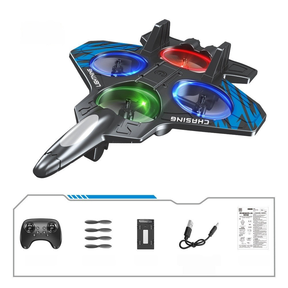 Avion de Lupta cu Telecomanda, Tip Drona, din EVA (Spuma), cu Telecomanda, Incarcare USB, 2.4 GHz, Rotire 360°, Zbor pana la 120 m, LED, 25.5 x 18 x 5.2 cm, Negru-Albastru