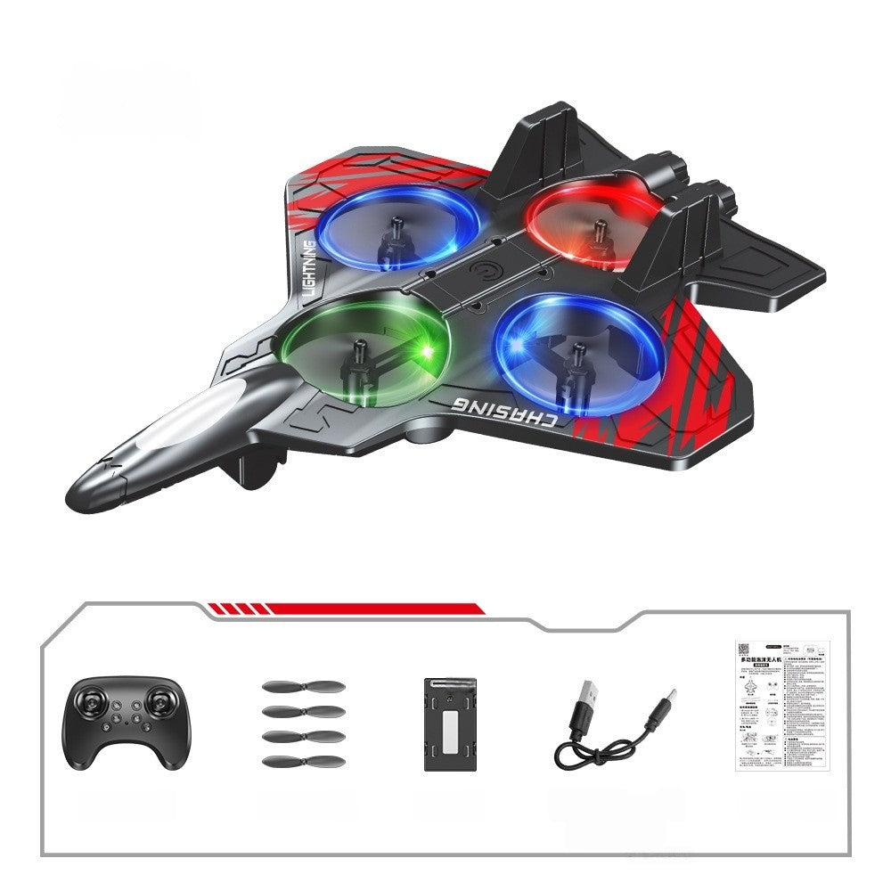 Avion de Lupta cu Telecomanda, Tip Drona, din EVA (Spuma), cu Telecomanda, Incarcare USB, 2.4 GHz, Rotire 360°, Zbor pana la 120 m, LED, 25.5 x 18 x 5.2 cm, Negru-Rosu