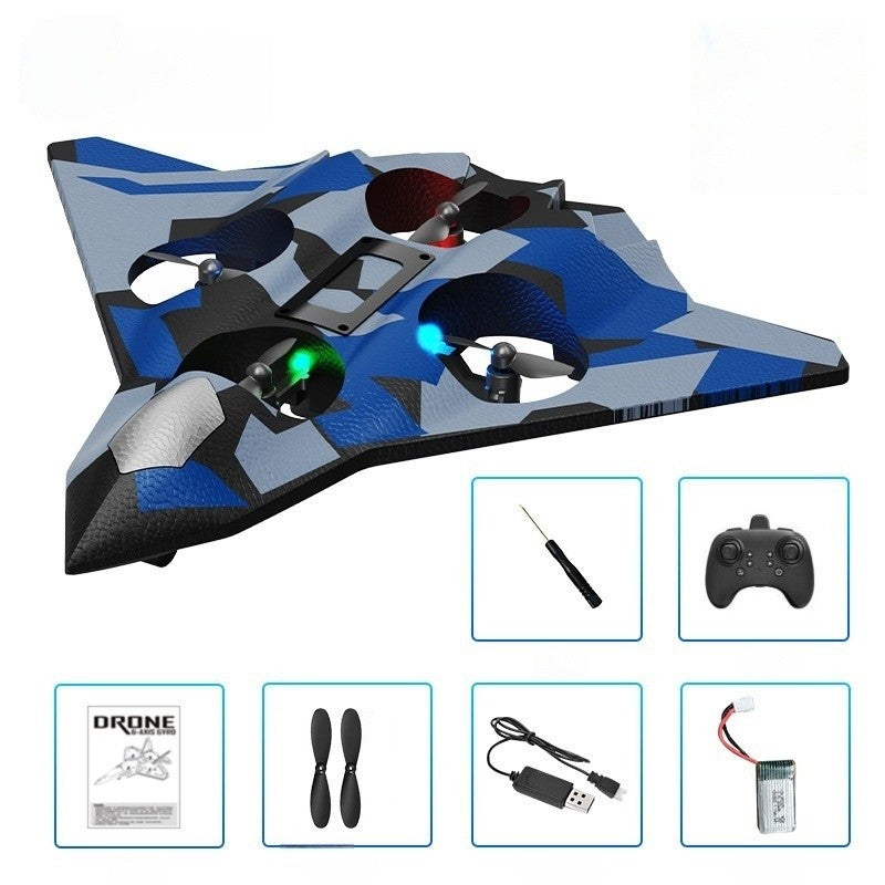 Avion de Lupta cu Telecomanda, Tip Drona, din EVA (Spuma), cu Telecomanda, Incarcare USB, 2.4 GHz, Rotire 360°, Zbor pana la 100 m, LED, 24 x 25.5 x 4.2 cm, Model Army, Albastru