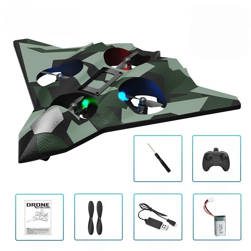 Avion de Lupta cu Telecomanda, Tip Drona, din EVA (Spuma), cu Telecomanda, Incarcare USB, 2.4 GHz, Rotire 360°, Zbor pana la 100 m, LED, 24 x 25.5 x 4.2 cm, Model Army, Verde