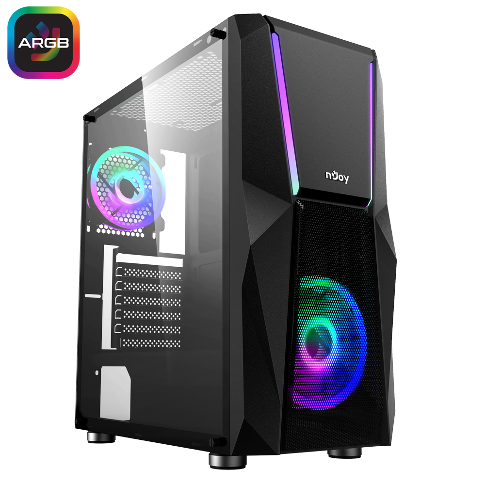 CARCASA NJOY Middle Tower, ATX, "FORT", fara sursa, sticla securizata, fan x 2, USB 2.0 x 1, USB 3.0 x 2, Jack 3.5 mm x 2, mesh pt. filtrare praf, negru, "CSMD-E000UFO-BL01B"