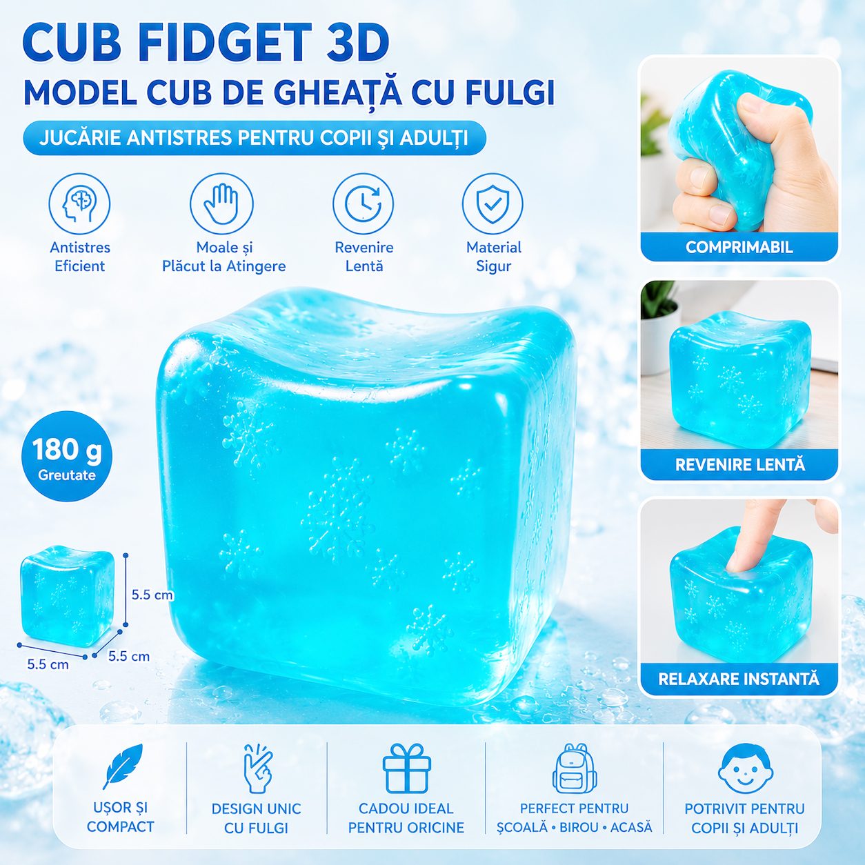 Jucarie Squishy tip Needoh in Forma de Cub, Model Cub de Gheata cu Fulgi, Antistres Senzoriala Comprimabila cu Revenire Lenta, 5.5x5.5x5.5 cm, 180 g, Albastru