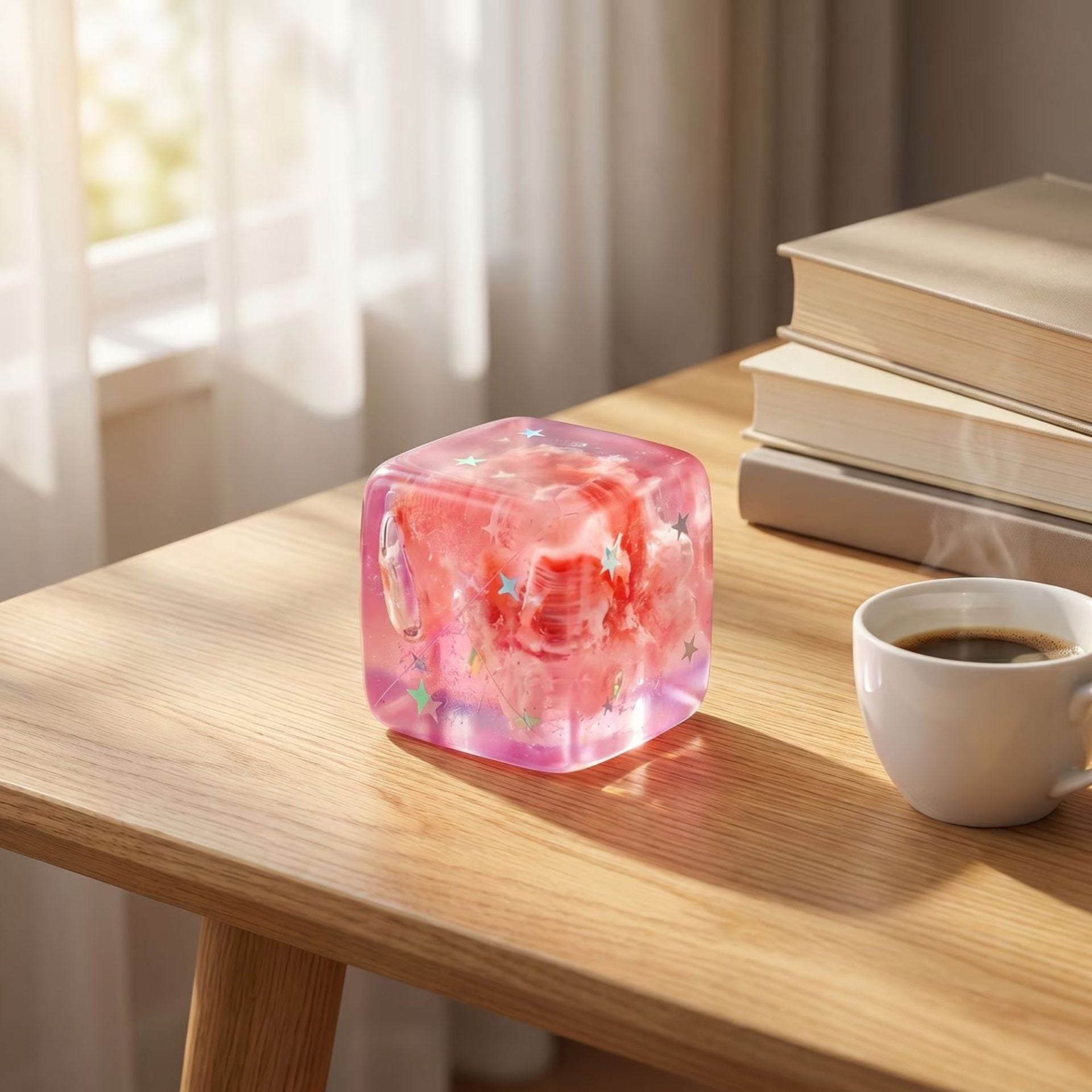 Jucarie Squishy tip Needoh in Forma de Cub, Model Cub de Gheata cu Stele Maritime, Antistres Senzoriala Comprimabila cu Revenire Lenta, 4.5x4.5x4.5 cm, 80 g, Roz